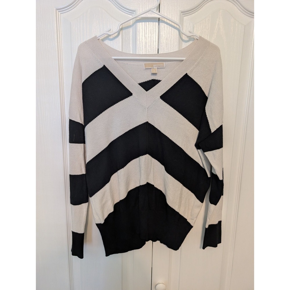 Michael Kors Sweater Womens Small Black White Striped V Neck Pullover